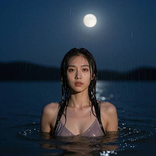 Photograph of an Asian woman with wet, black hair, wearing a gray, low-cut swimsuit, standing in moonlit water at night.