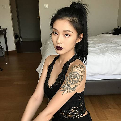 Portrait of Asian Woman with Floral Tattoo