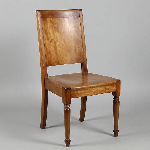 Photograph of a vintage wooden chair with a polished, brown finish, square backrest, and turned legs, set against a plain light gray background.