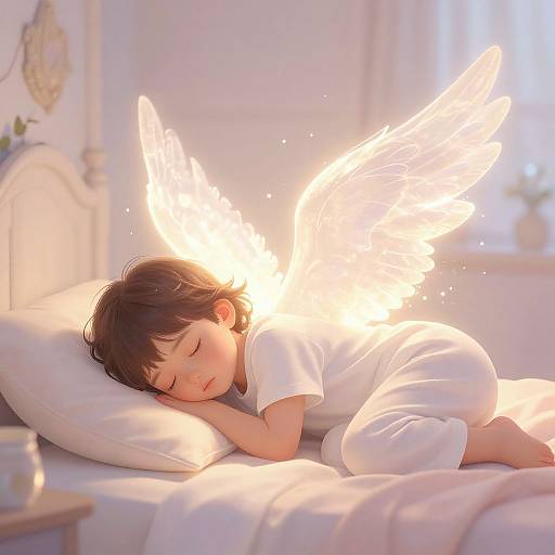 Digital illustration of a sleeping child with glowing white wings, wearing a white shirt and blanket, in a bright, softly lit bedroom.