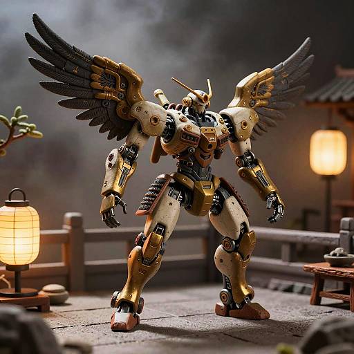 Photorealistic CGI of a golden, winged mecha robot with black feathers, standing on a dimly-lit traditional Japanese terrace at night.