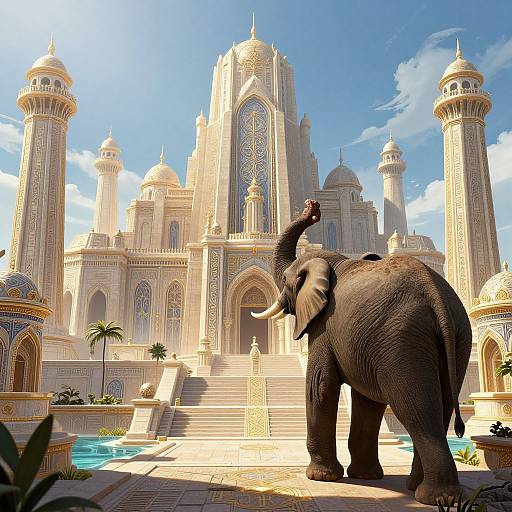 Photorealistic CGI of a large elephant raising its trunk, standing before a grand, ornate, beige-domed palace with turquoise pool and palm trees