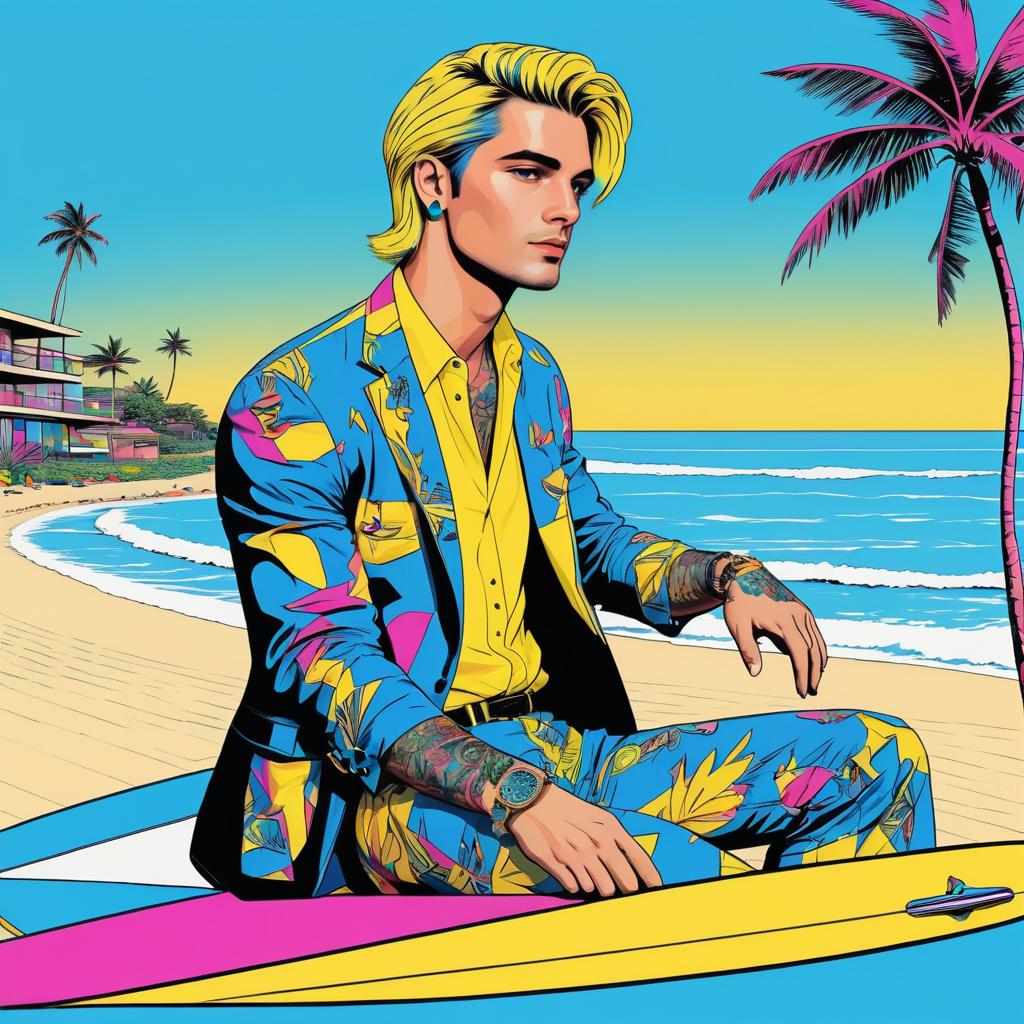 Stylish Man Surfing in Pop Art Style