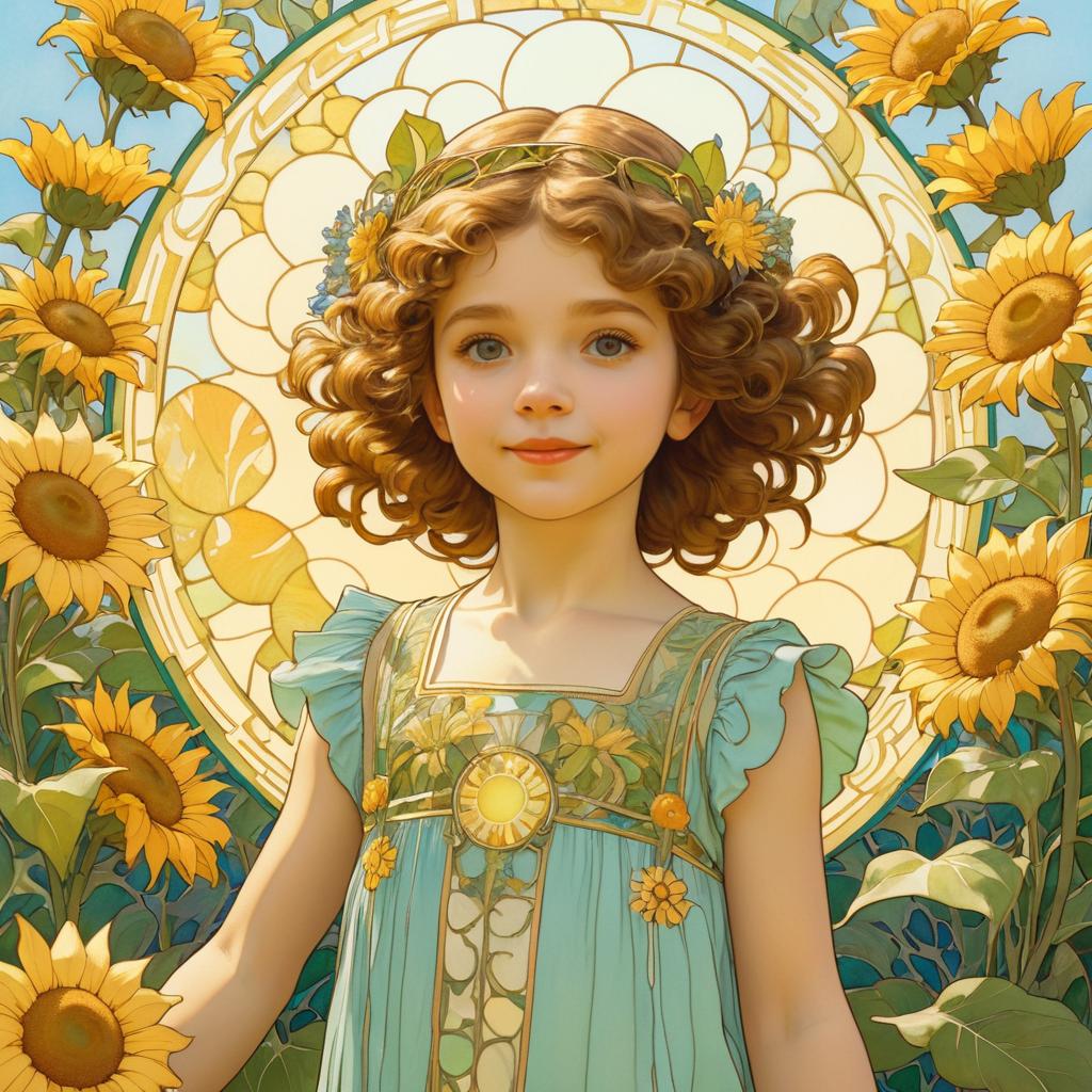 Joyful Child Amidst Sunflowers in Art Nouveau