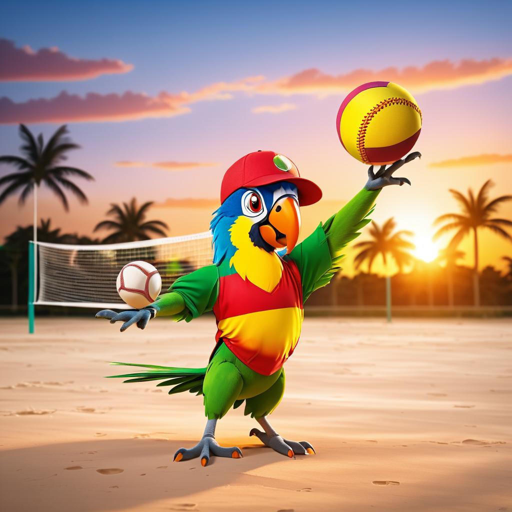 Playful Parrot in Baseball Cap at Sunset