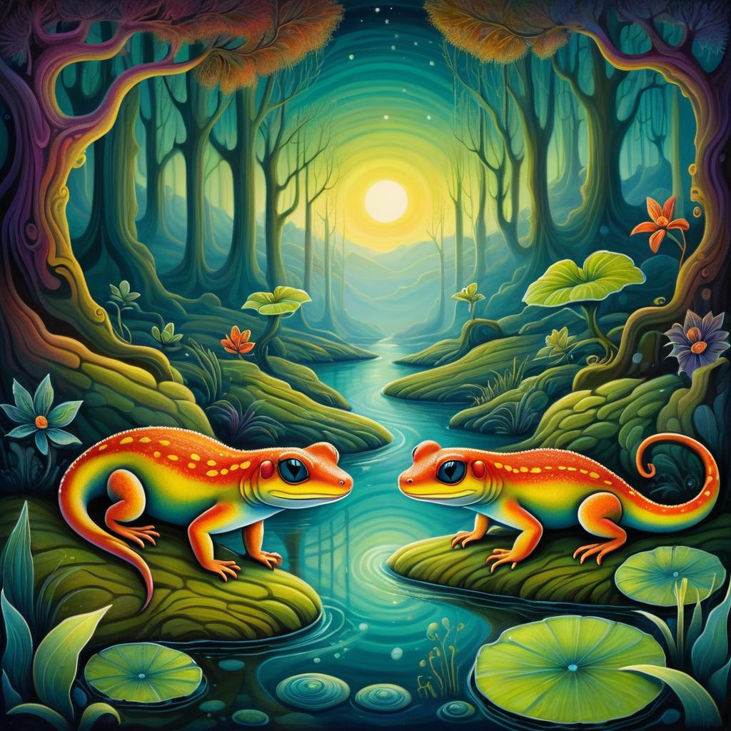 Whimsical Salamanders in Mystical Swamp