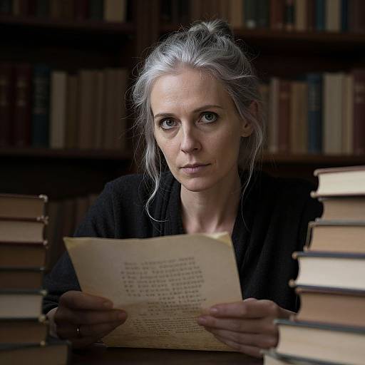 Photograph of a serious-looking woman with gray hair, holding a paper in a dimly lit library surrounded by stacked books.