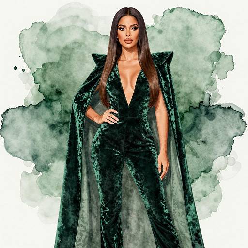 Elegant Woman in Emerald Velvet Jumpsuit with Glam Cape