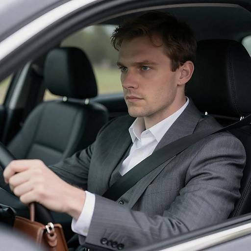 Serious Man Driving in Pinstripe Suit
