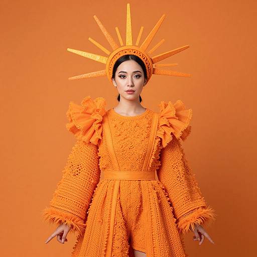 Photograph of a woman with fair skin and dark hair, wearing an orange, sunburst headdress, and intricate, ruffled, long-slee