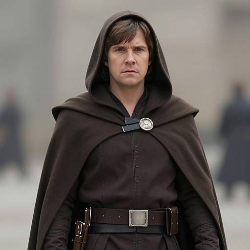Photograph of a serious-looking man with brown hair, wearing a dark brown hooded cloak and black shirt, with a blurred city background and indist