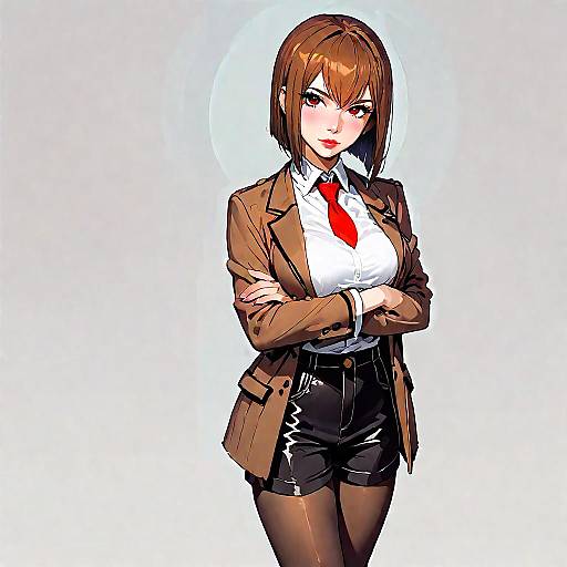 Anime Style Woman in Brown Jacket and Red Tie