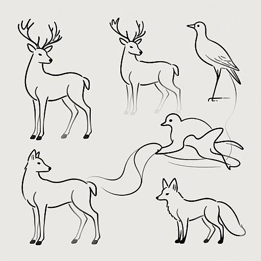 Black-and-white line drawing of five animals: two deer with antlers, a bird, a fox, and a wolf with a curled tail. Minimal