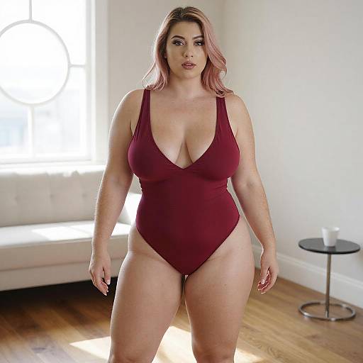 Confident Curvy Woman in Red Swimsuit