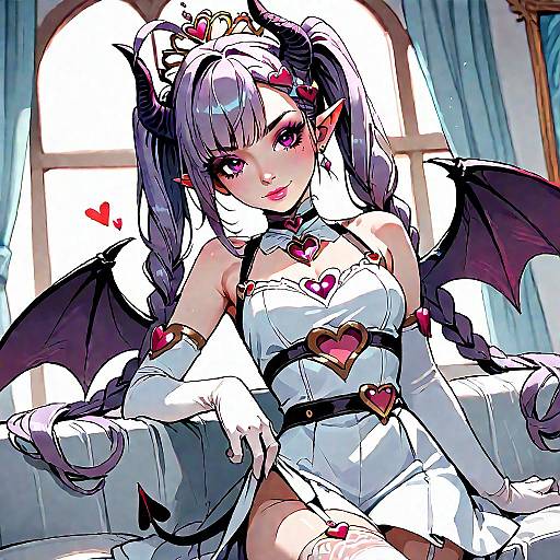 Digital anime-style drawing of a sexy demon girl with purple hair, red eyes, black bat wings, white dress, heart accents, and crown, sitting