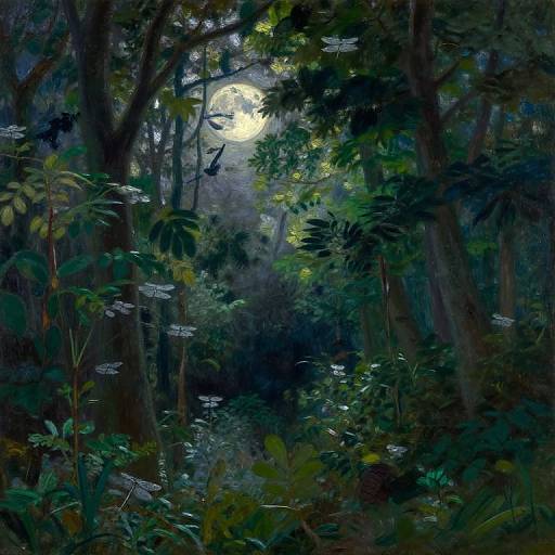 Digital painting of a dense, dark forest with lush green foliage, illuminated by a glowing full moon peeking through the trees.