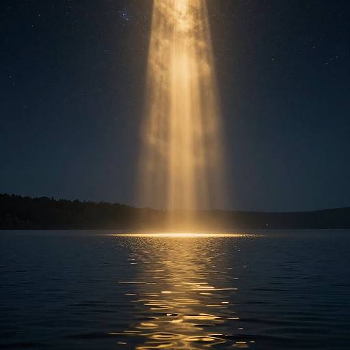 Photograph of a bright, illuminated water fountain shooting up from a calm, dark blue lake, reflecting golden light on the water's surface under a star