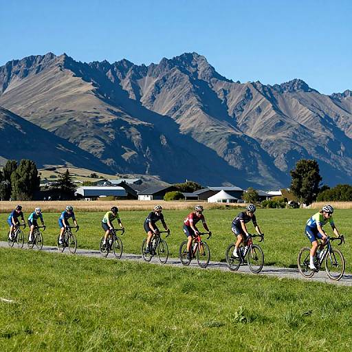 Cyclists Racing in Mountainous Green Field