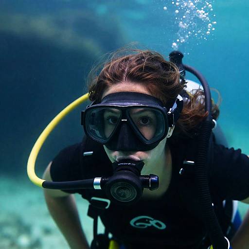Intense Underwater Portrait of Scuba Diver