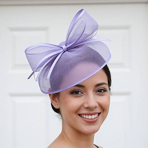 Photograph of a smiling woman with fair skin and dark hair, wearing a light purple, textured, bow-shaped fascinator hat against a white background.