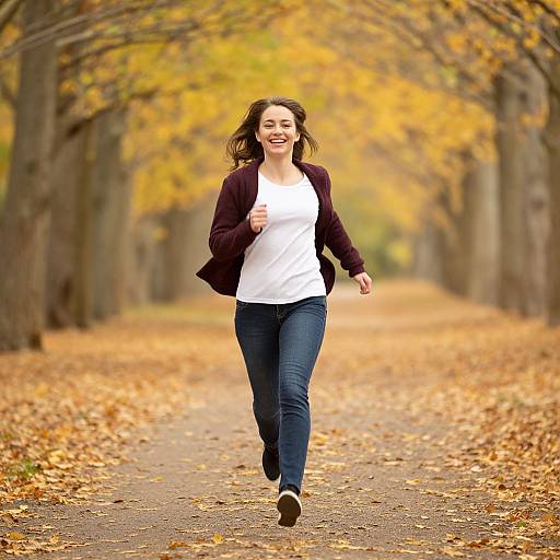 Photograph of a smiling woman with brown hair, wearing a white shirt, black jacket, and blue jeans, running down a leaf-covered autumn path.