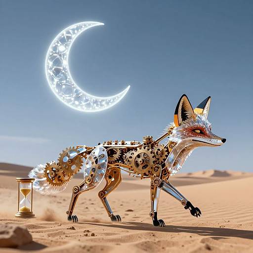 Digital artwork of a mechanical fox with gears and cogs, standing in a desert under a glowing crescent moon, beside a sand-filled hourglass.