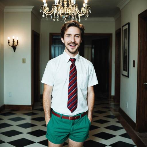 Young Man Wearing Tie and Shorts Indoors