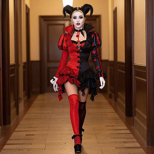 Digital artwork of a gothic, clown-like woman with black-rimmed horns, red-black dress, thigh-high red boots, white gloves, and
