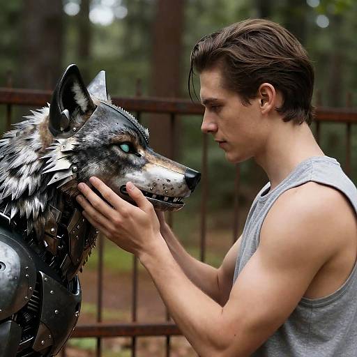 Young Man Interacting with Robotic Wolf Helmet