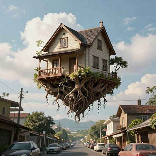 Photorealistic CGI of a floating, wooden house with extensive roots, suspended above a small town street, blue sky with clouds.