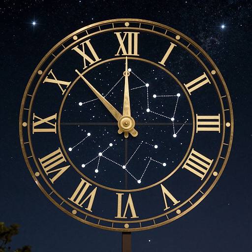 Glamorous gold clock against a starry night sky, featuring Roman numerals and a constellation map on the face. Photorealistic digital art.