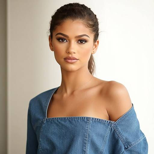 Photograph of a young woman with dark hair in a ponytail, wearing an off-shoulder blue denim top, against a bright white background.