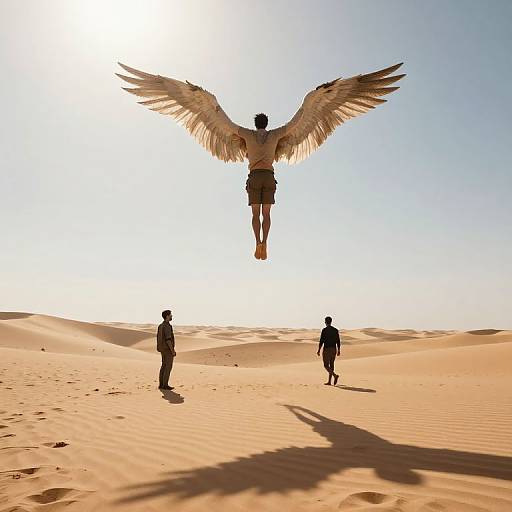 Photograph of a sunlit desert with two silhouetted figures, one with large angel wings, flying above, casting elongated shadows on golden