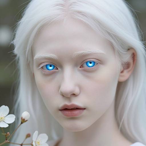 Photorealistic digital portrait of a fair-skinned, pale-haired woman with striking blue eyes, holding white flowers, set against a blurred green background.