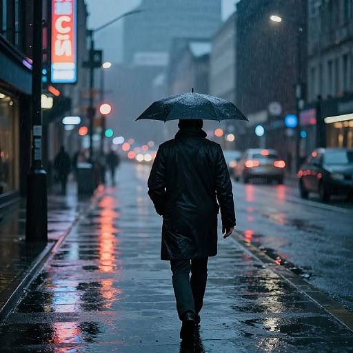 Photograph of a solitary person in a raincoat and umbrella walking down a wet, neon-lit urban street at dusk.