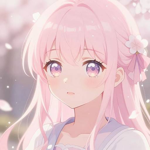 Anime-style digital illustration of a cute, pink-haired girl with large, sparkling purple eyes, a flower in her hair, and a soft expression, bath