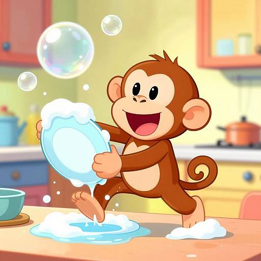 Playful Cartoon Monkey Washing Dishes