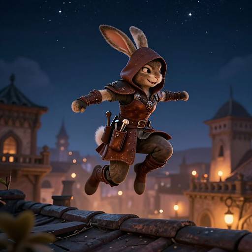 CGI image of an anthropomorphic rabbit in medieval adventurer gear, jumping joyfully at night above a lit, castle-filled town.
