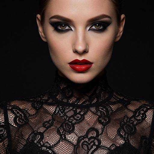 Photograph of a striking woman with pale skin, intense green eyes, dark smokey eye makeup, bright red lipstick, and black lace top against a