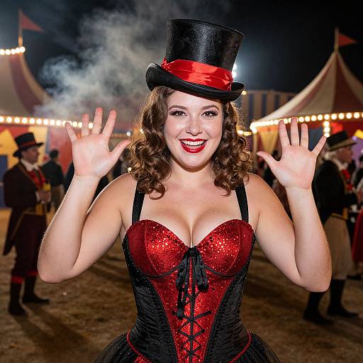 Photograph of a smiling woman with curly brown hair, wearing a red and black corset, black top hat with red ribbon, and waving hands,