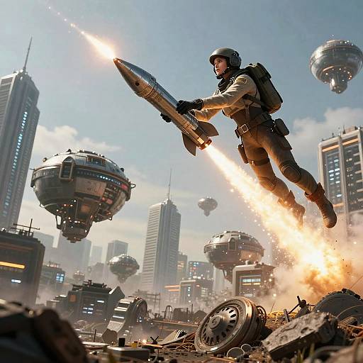 Futuristic Scout Launching Rocket in Floating City