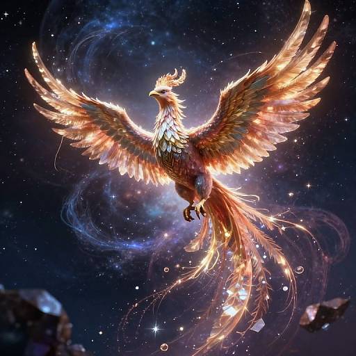 Digital art of a radiant phoenix with glowing wings and tail feathers soaring through a starry, cosmic night sky.
