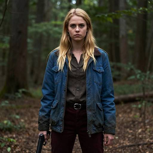 Young Woman in Forest with Gun