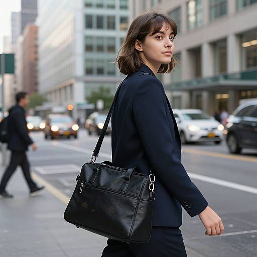 Photograph of a young woman with shoulder-length brown hair, wearing a black blazer and leather bag, walking on a busy urban street with cars and