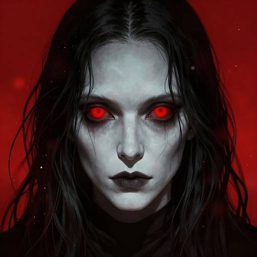 Digital artwork of a pale, ghostly woman with wet, dark hair, glowing red eyes, and black lipstick against a vivid red background.