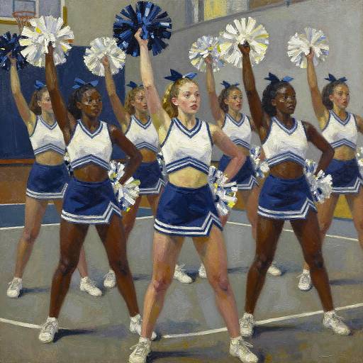 Photograph-like digital painting of diverse cheerleaders in white crop tops, blue skirts, and pom-poms, energetically performing in a gym.