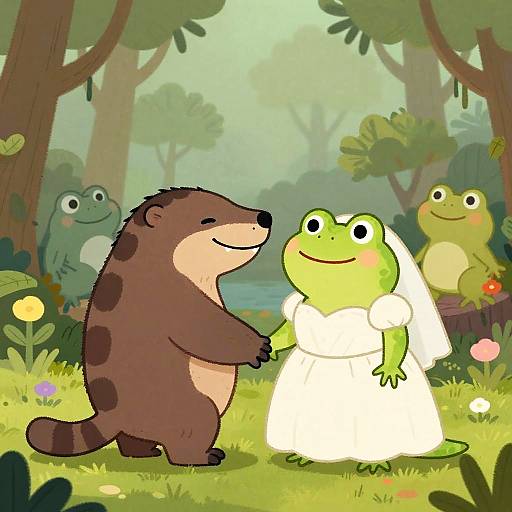 Cartoon image of a brown, striped, smiling otter holding hands with a green, blushing frog in a white wedding dress in a lush,