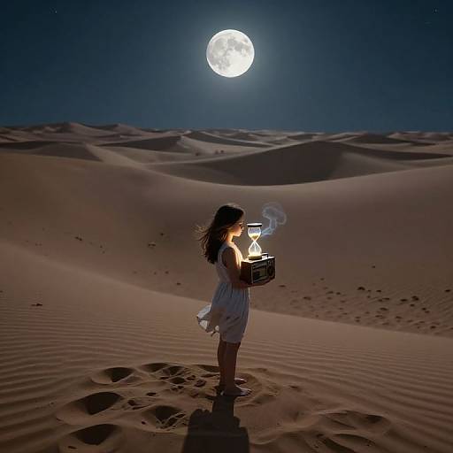 Silhouetted woman in white dress holds lantern, standing in moonlit desert; full moon illuminates starry night sky, sand dunes in