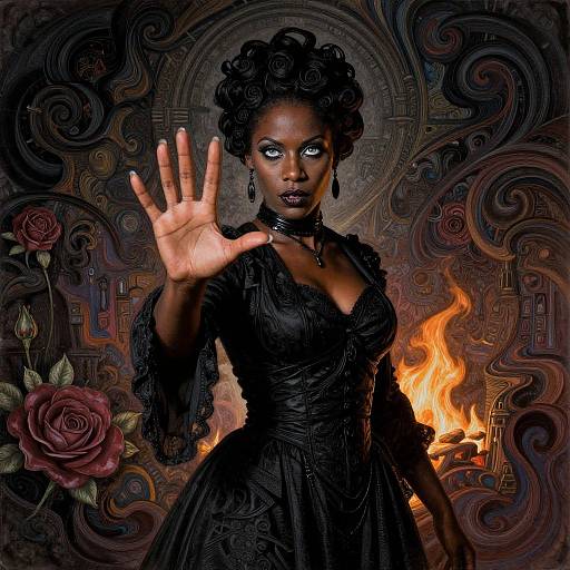 Digital artwork of dark-skinned woman with glowing eyes, black Victorian dress, raised hand, ornate background, burning fire, red roses.