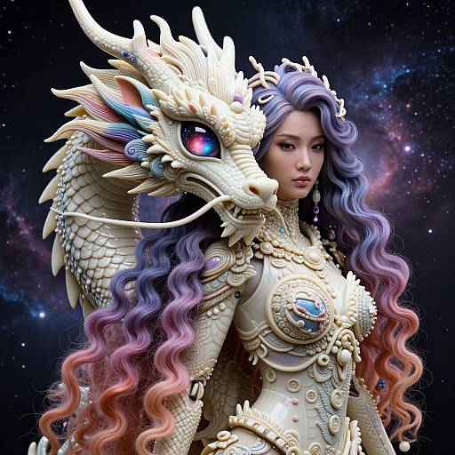 Digital artwork of an Asian woman with long purple to pink wavy hair, wearing ornate dragon-themed armor, standing beside a white dragon with blue and